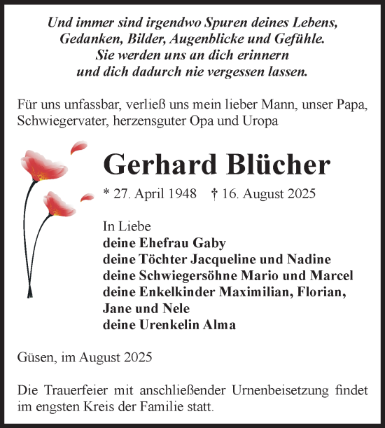 Traueranzeige von Gerhard Blücher von Volksstimme Burg/Genthin