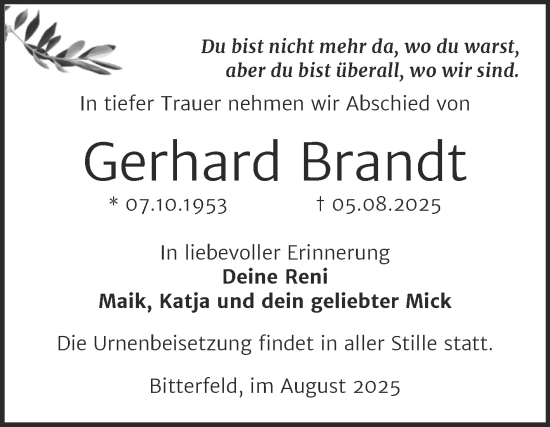 Traueranzeige von Gerhard Brandt von Trauerkombi Bitterfeld