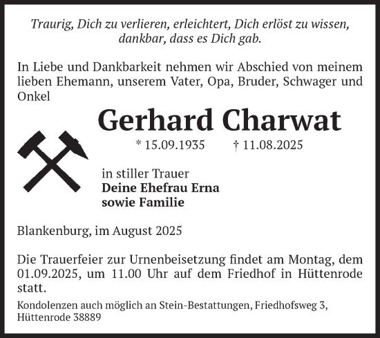 Traueranzeige von Gerhard Charwat von Volksstimme Wernigerode