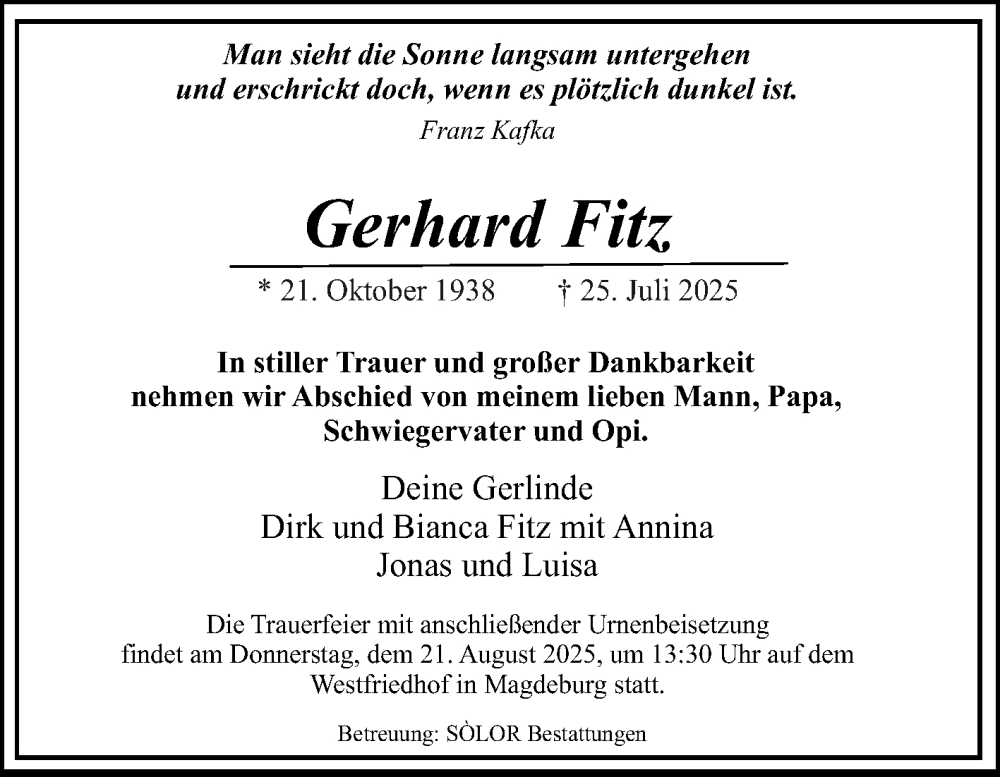  Traueranzeige für Gerhard Fitz vom 09.08.2025 aus Volksstimme Magdeburg