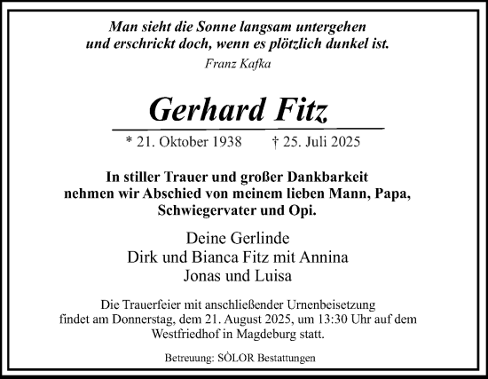 Traueranzeige von Gerhard Fitz von Volksstimme Magdeburg