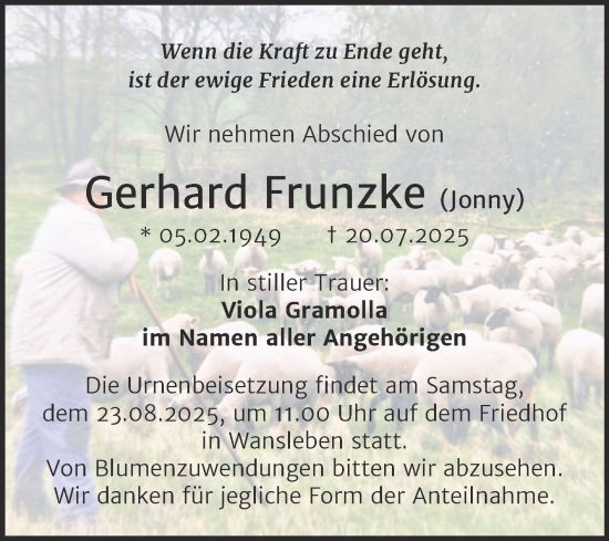 Traueranzeige von Gerhard Frunzke von Trauerkombi Mansfelder Land