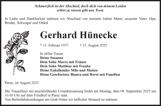 Traueranzeige von Gerhard Hünecke von Volksstimme Burg/Genthin
