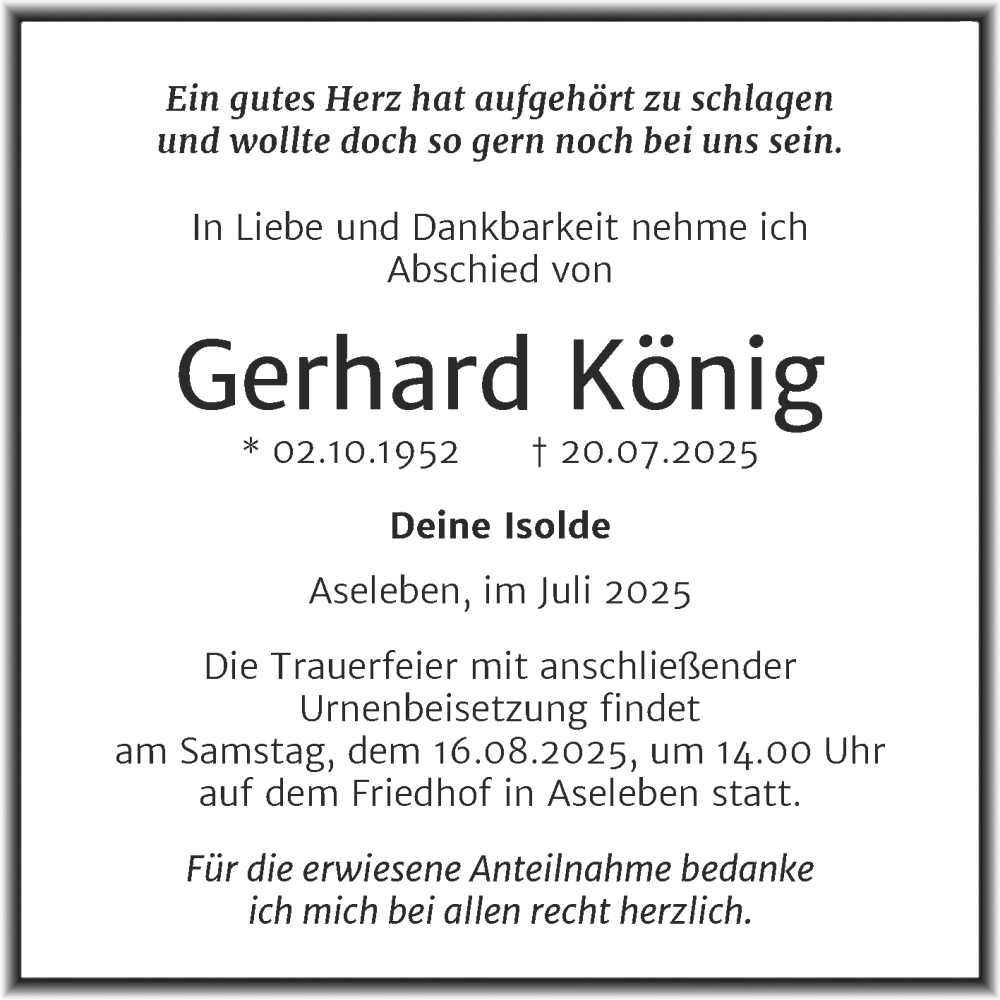  Traueranzeige für Gerhard König vom 02.08.2025 aus Trauerkombi Mansfelder Land