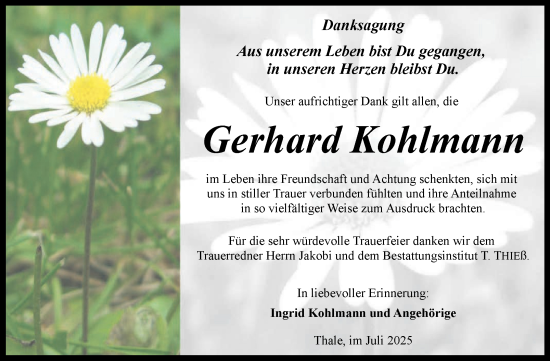 Traueranzeige von Gerhard Kohlmann von Trauerkombi Quedlinburg