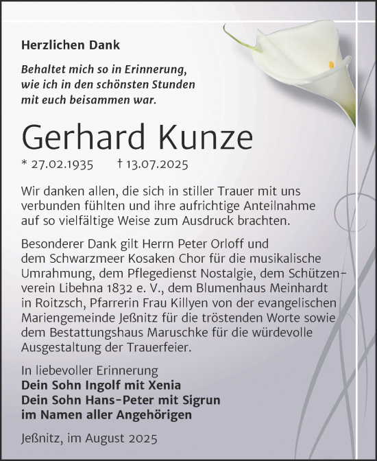 Traueranzeige von Gerhard Kunze von Trauerkombi Bitterfeld
