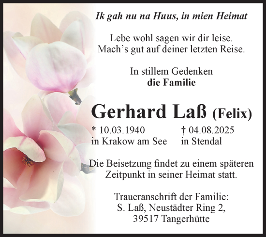 Traueranzeige von Gerhard Laß von Volksstimme Altmark Ost