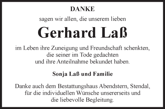 Traueranzeige von Gerhard Laß von Volksstimme Altmark Ost