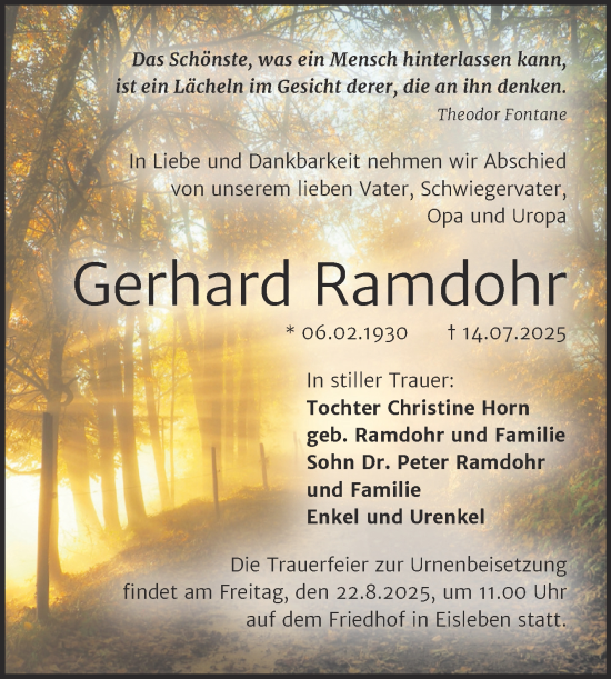 Traueranzeige von Gerhard Ramdohr von Trauerkombi Mansfelder Land
