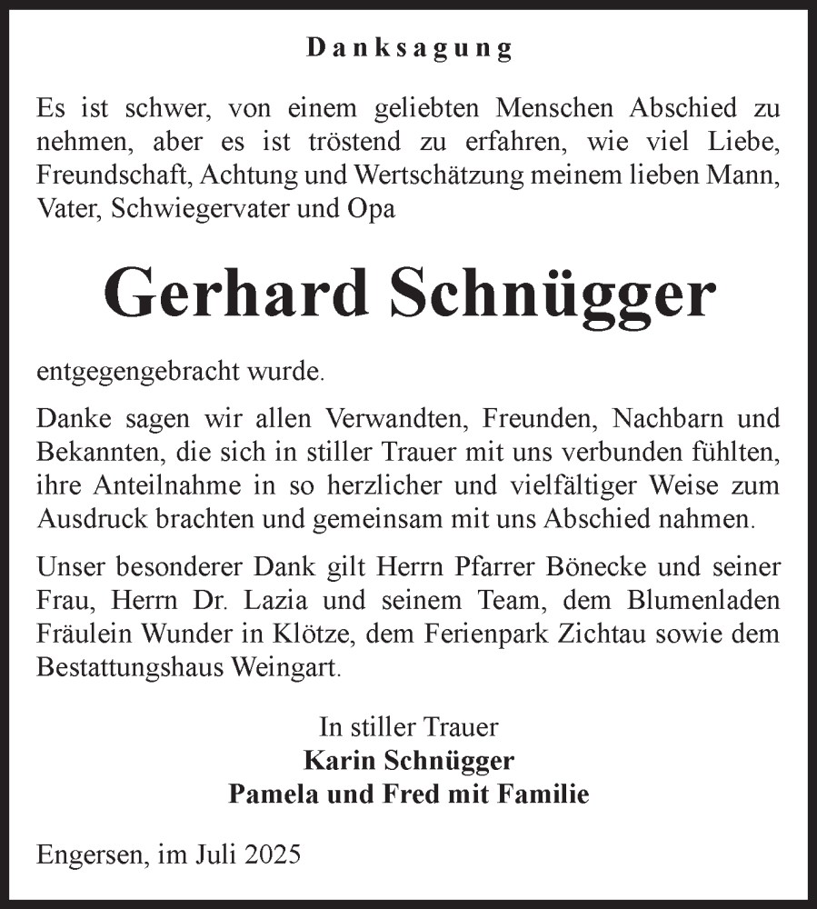  Traueranzeige für Gerhard Schnügger vom 02.08.2025 aus Volksstimme Altmark West