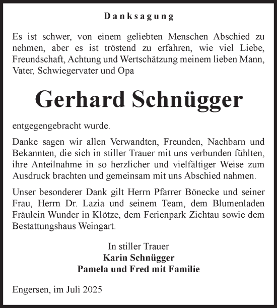 Traueranzeige von Gerhard Schnügger von Volksstimme Altmark West