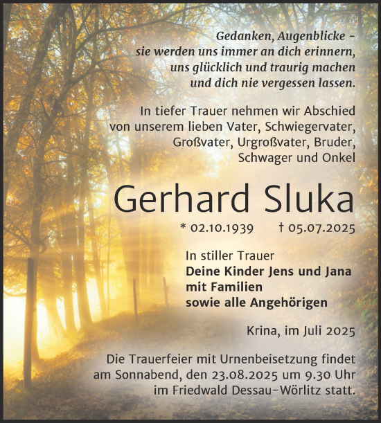 Traueranzeige von Gerhard Sluka von Trauerkombi Bitterfeld
