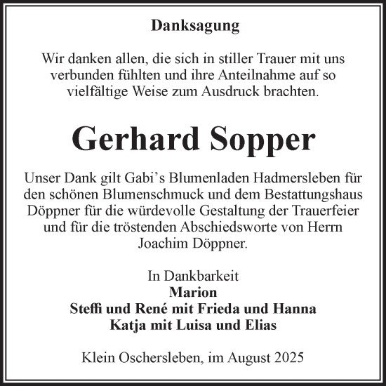 Traueranzeige von Gerhard Sopper von Volksstimme Oschersleben/Wanzleben