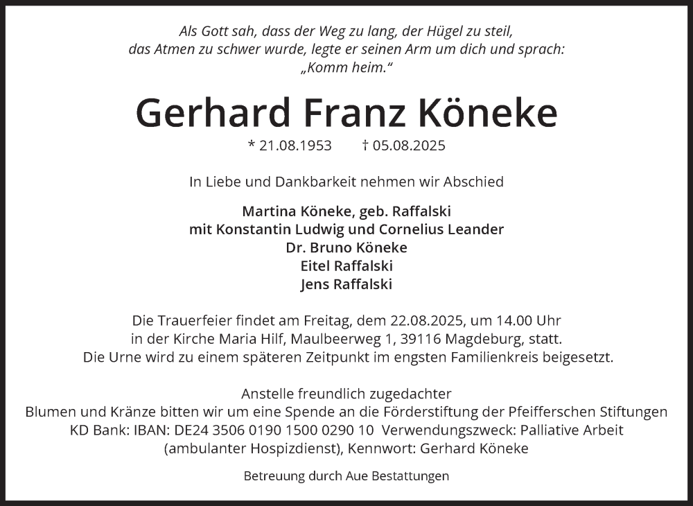  Traueranzeige für Gerhard Franz Köneke vom 16.08.2025 aus Volksstimme Magdeburg