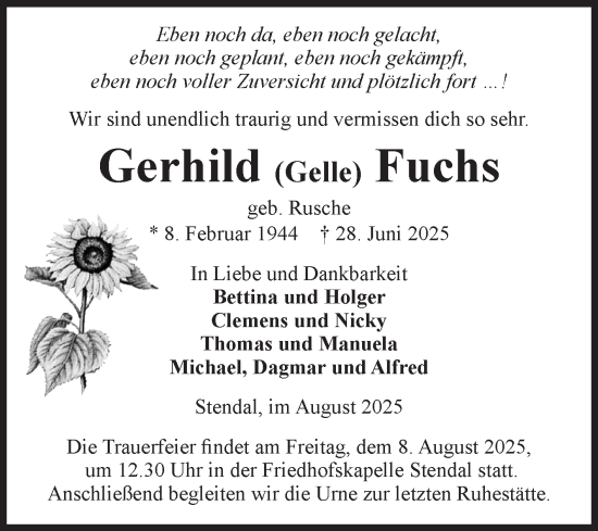 Traueranzeige von Gerhild Fuchs von Volksstimme Altmark Ost