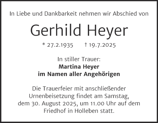 Traueranzeige von Gerhild Heyer von Mitteldeutsche Zeitung Halle/Saalkreis