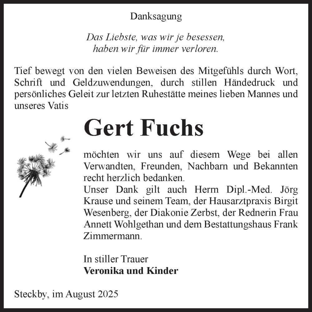  Traueranzeige für Gert Fuchs vom 23.08.2025 aus Volksstimme Zerbst