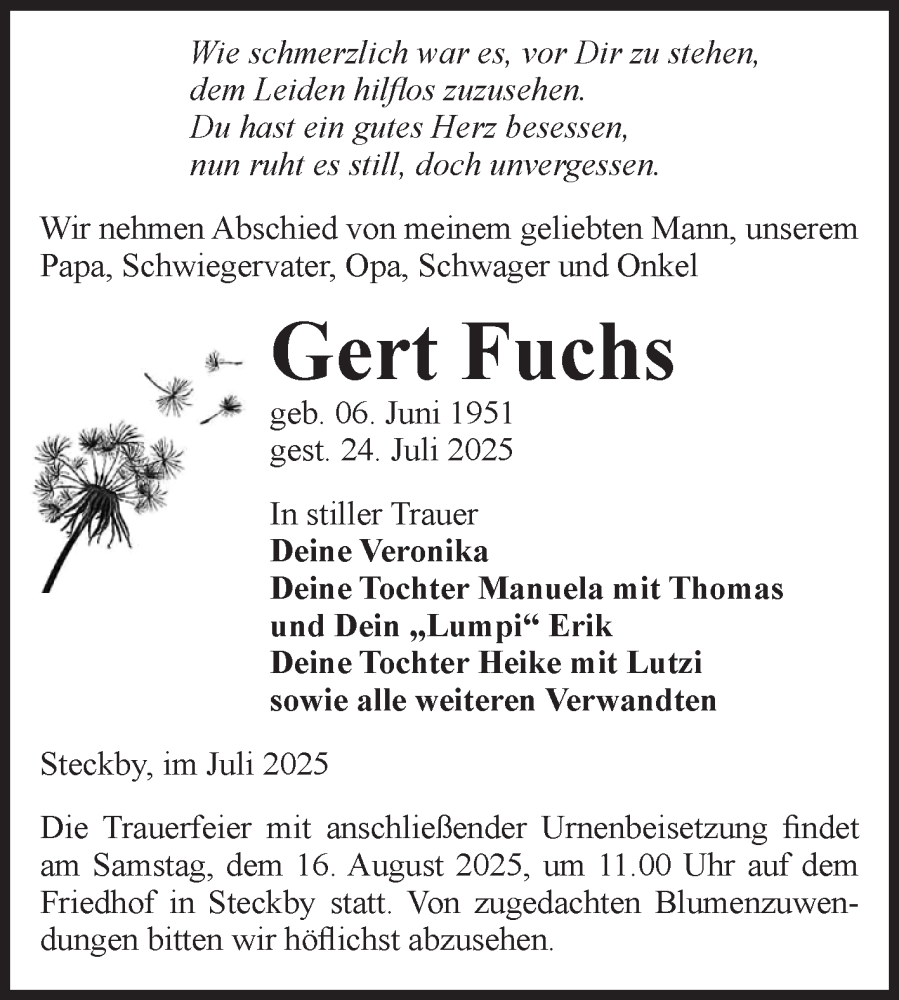  Traueranzeige für Gert Fuchs vom 02.08.2025 aus Volksstimme Zerbst