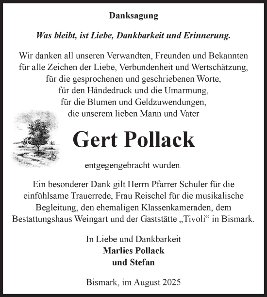 Traueranzeige von Gert Pollack von Volksstimme Altmark Ost