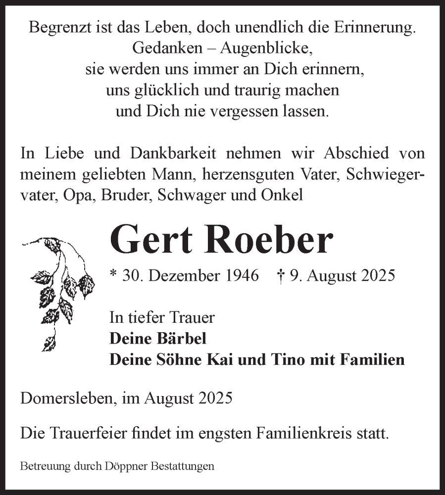  Traueranzeige für Gert Roeber vom 23.08.2025 aus Volksstimme Oschersleben/Wanzleben