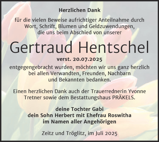 Traueranzeige von Gertraud Hentschel von Trauerkombi Zeitz