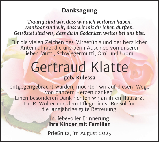 Traueranzeige von Gertraud Klatte von Super Sonntag Naumburg/Nebra