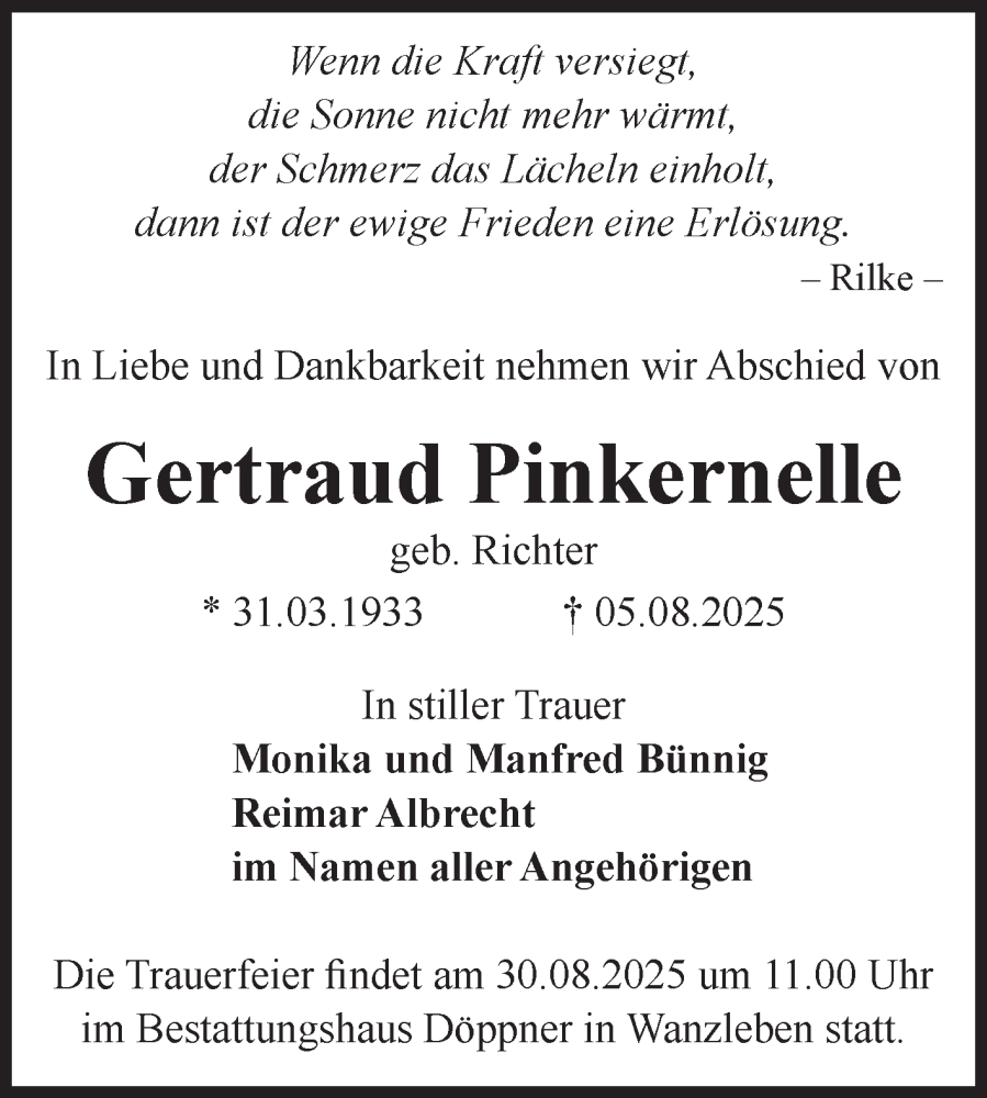  Traueranzeige für Gertraud Pinkernelle vom 16.08.2025 aus Volksstimme Oschersleben/Wanzleben