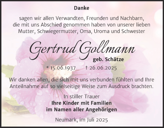 Traueranzeige von Gertrud Gollmann von Trauerkombi Merseburg