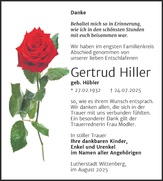 Traueranzeige von Gertrud Hiller von Trauerkombi Wittenberg
