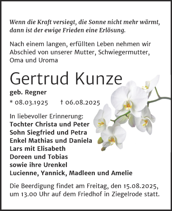 Traueranzeige von Gertrud Kunze von Mitteldeutsche Zeitung Mansfelder Land