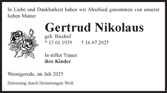 Traueranzeige von Gertrud Nikolaus von Volksstimme Wernigerode