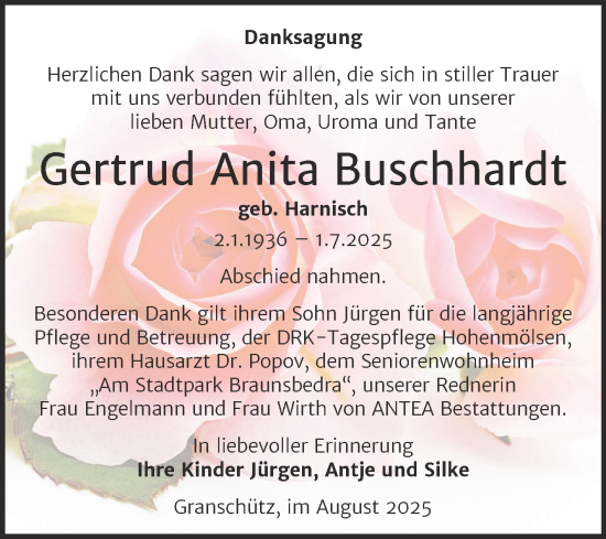 Traueranzeige von Gertrud Anita Buschhardt von Trauerkombi Weißenfels