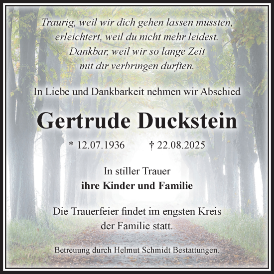 Traueranzeige von Gertrude Duckstein von Volksstimme Magdeburg