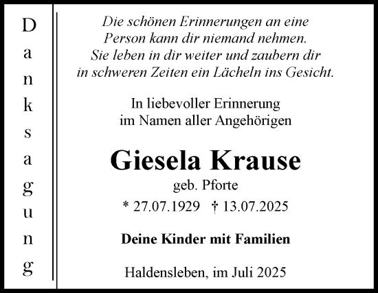 Traueranzeige von Giesela Krause von Volksstimme Haldensleben/Wolmirstedt