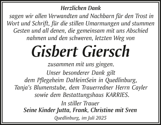 Traueranzeige von Gisbert Giersch von Trauerkombi Quedlinburg
