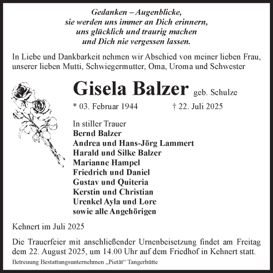 Traueranzeige von Gisela Balzer von Volksstimme Altmark Ost