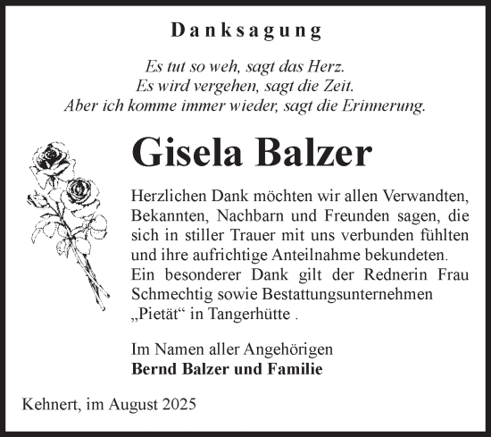 Traueranzeige von Gisela Balzer von Volksstimme Altmark Ost