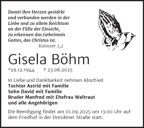 Traueranzeige von Gisela Böhm von Super Sonntag Wittenberg