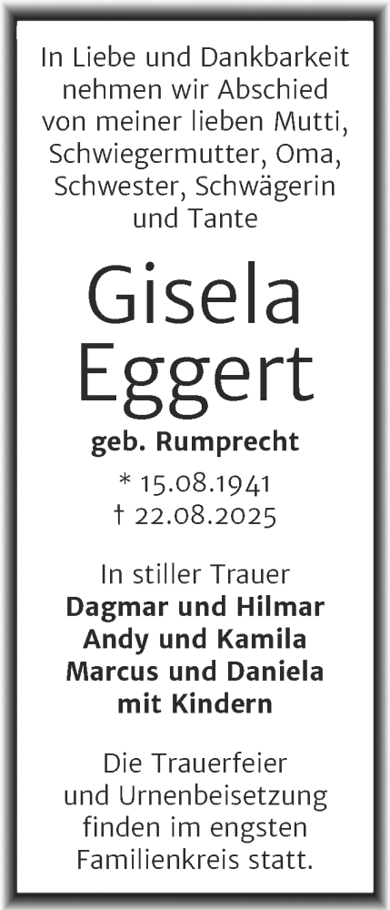 Traueranzeige von Gisela Eggert von Trauerkombi Köthen