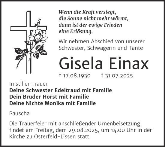Traueranzeige von Gisela Einax von Super Sonntag Naumburg/Nebra