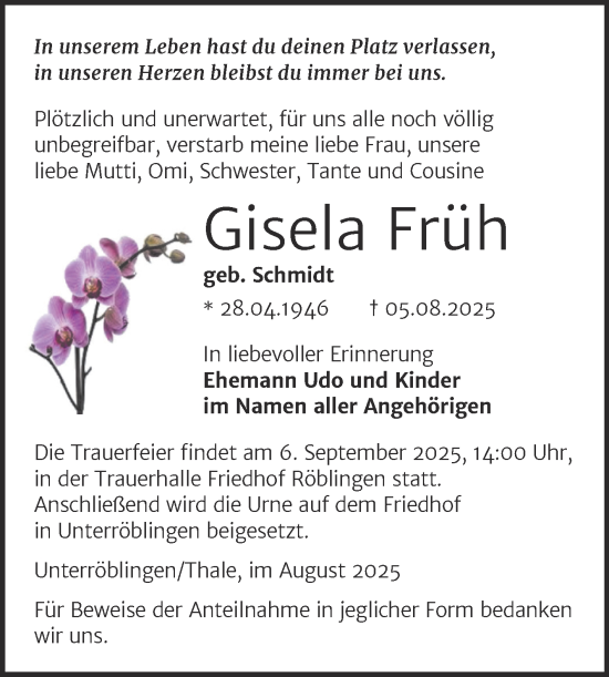 Traueranzeige von Gisela Früh von Trauerkombi Mansfelder Land
