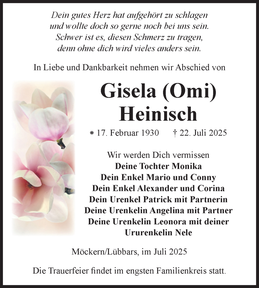  Traueranzeige für Gisela Heinisch vom 02.08.2025 aus Volksstimme Altmark West