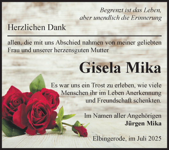 Traueranzeige von Gisela Mika von Volksstimme Wernigerode