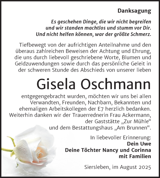 Traueranzeige von Gisela Oschmann von Trauerkombi Mansfelder Land