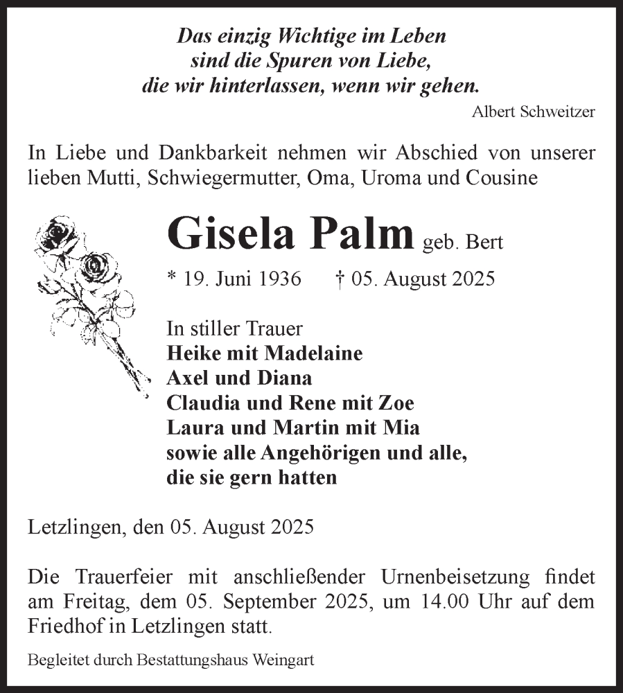  Traueranzeige für Gisela Palm vom 22.08.2025 aus Volksstimme Altmark West