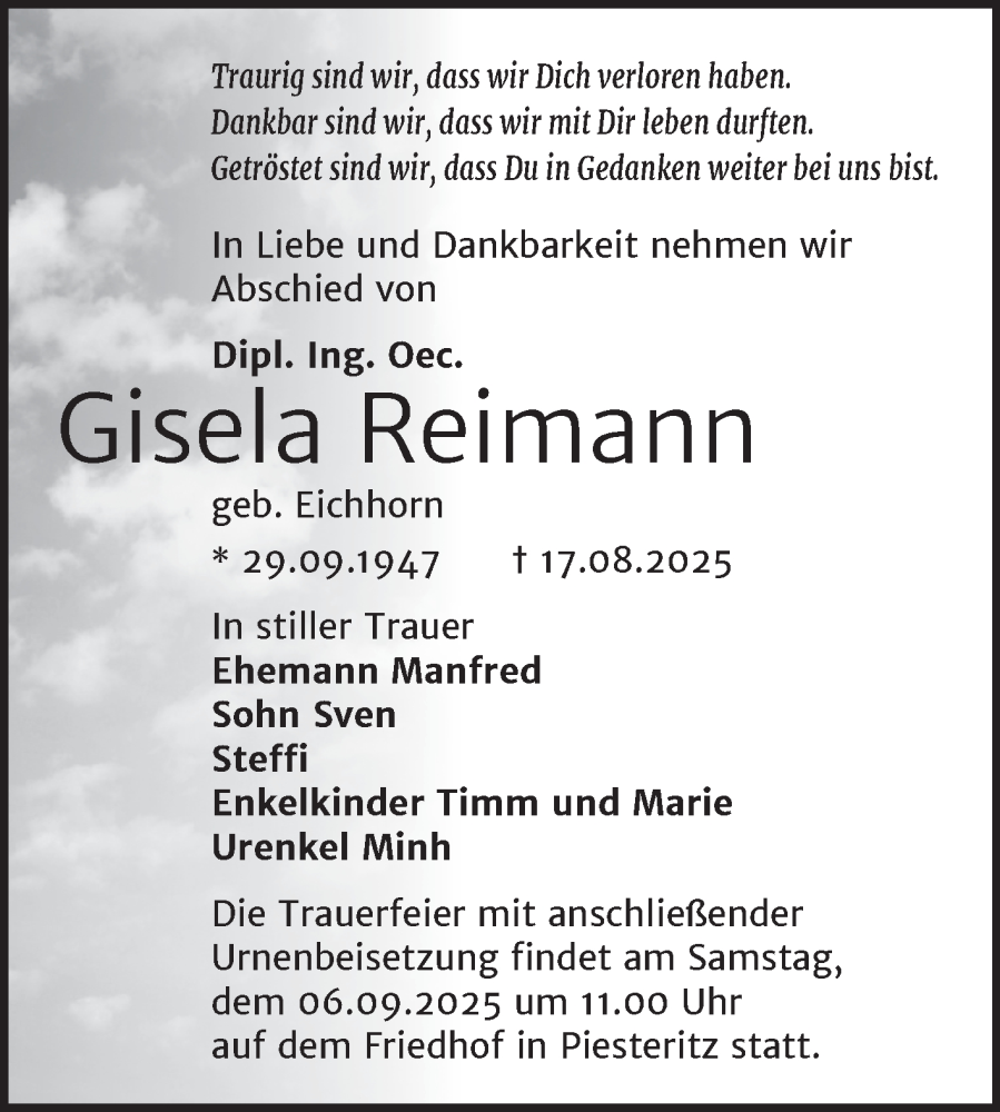  Traueranzeige für Gisela Reimann vom 23.08.2025 aus Trauerkombi Wittenberg