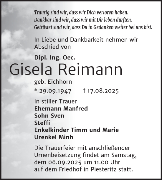 Traueranzeige von Gisela Reimann von Trauerkombi Wittenberg