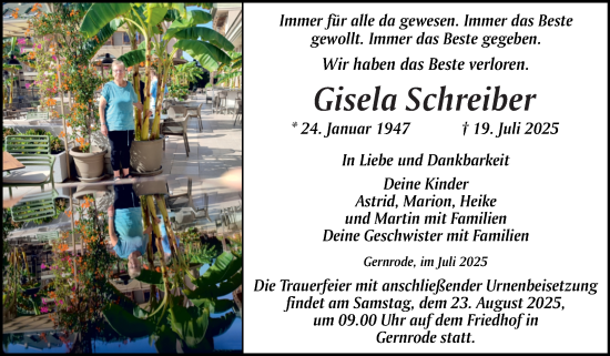 Traueranzeige von Gisela Schreiber von Trauerkombi Quedlinburg