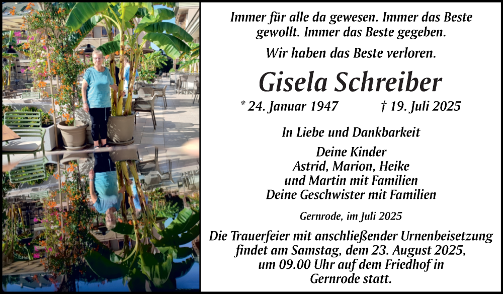  Traueranzeige für Gisela Schreiber vom 02.08.2025 aus Trauerkombi Quedlinburg