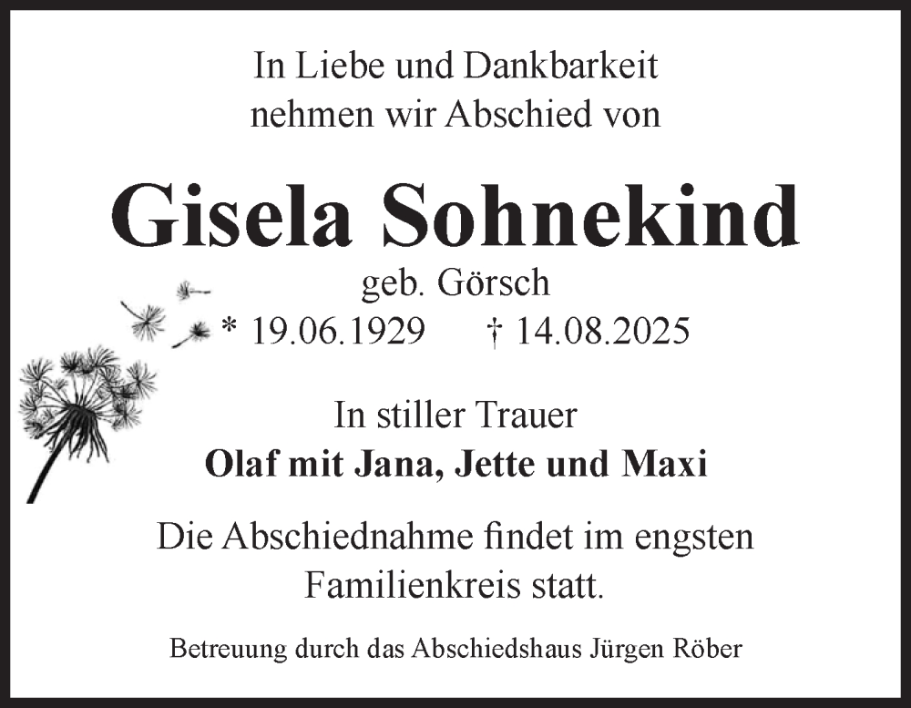  Traueranzeige für Gisela Sohnekind vom 23.08.2025 aus Volksstimme Magdeburg